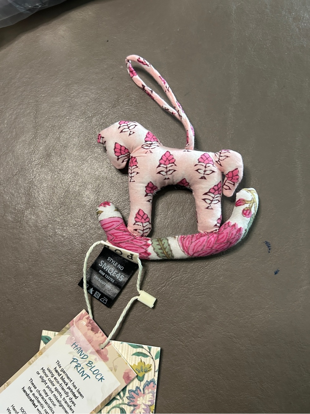 POL Fabric Rocking Horse Ornament - Blue or Pink Floral. Hand Blocked Printing - Picture 4 of 7